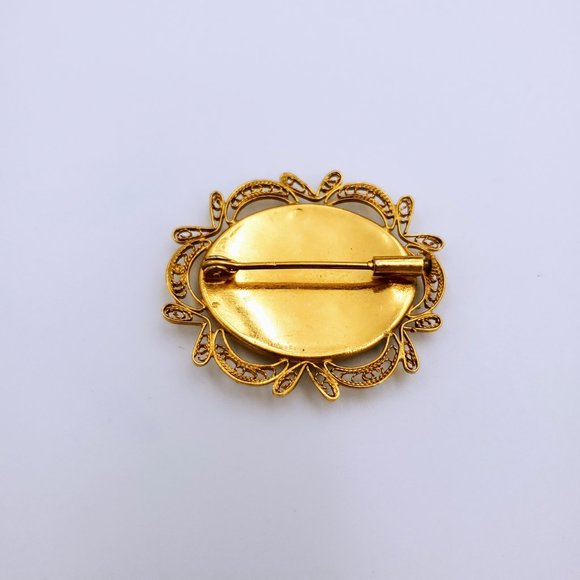 Vintage Damascene Filigree Brooch, Gold Tone Pin - Picture 6 of 7